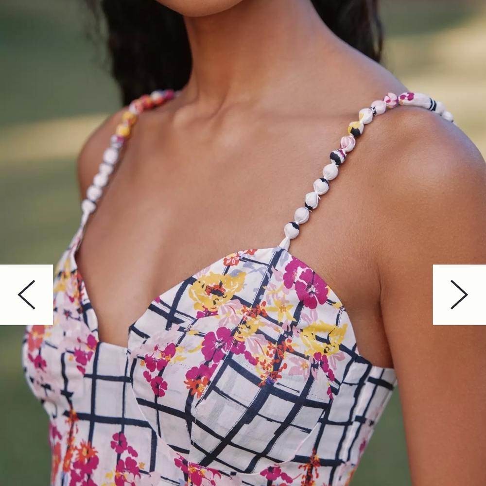 Anthropologie White Grid Maxi Dress with Pink & Yellow Floral Trim - Picture 3 of 8